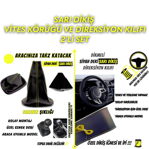 Fiat / Tofaş Tipo Uyumlu Siyah Deri Sarı Dikiş Vites Körüğü ve Direksiyon Kılıfı 2'li Set