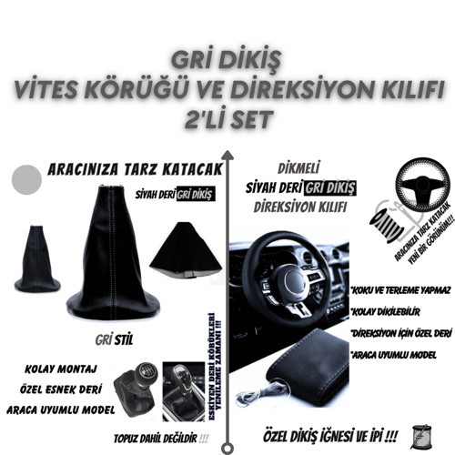 Volkswagen Golf Uyumlu Siyah Deri Gri Dikiş Vites Körüğü ve Direksiyon Kılıfı 2'li Set