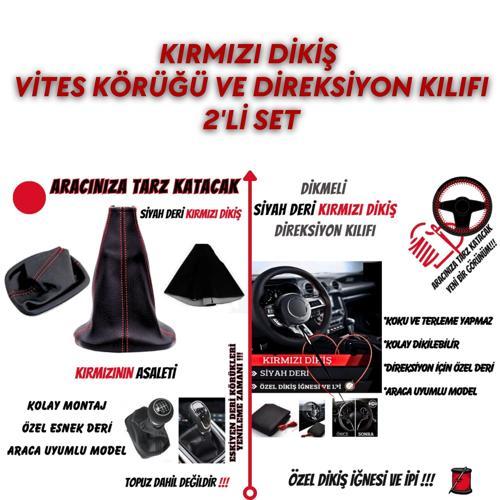 Alfa Romeo Alfasud Uyumlu Siyah Deri Kırmızı Dikiş Vites Körüğü ve Direksiyon Kılıfı 2'li Set