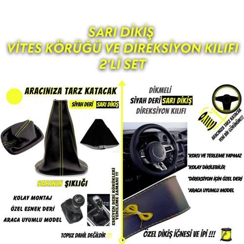 Ford Focus 2011-2017 Uyumlu Siyah Deri Sarı Dikiş Vites Körüğü ve Direksiyon Kılıfı 2'li Set