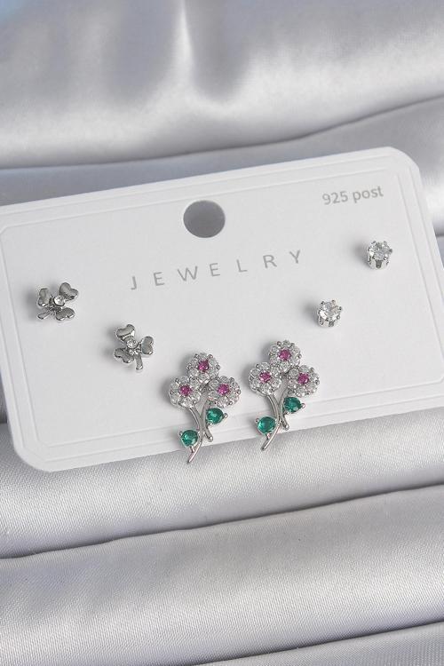 Pirinç Gümüş Renk Renkli Zirkon Taşlı Çiçek Model Yaprak Detay 925 Ayar Gümüş Çivi Kadın Küpe Seti