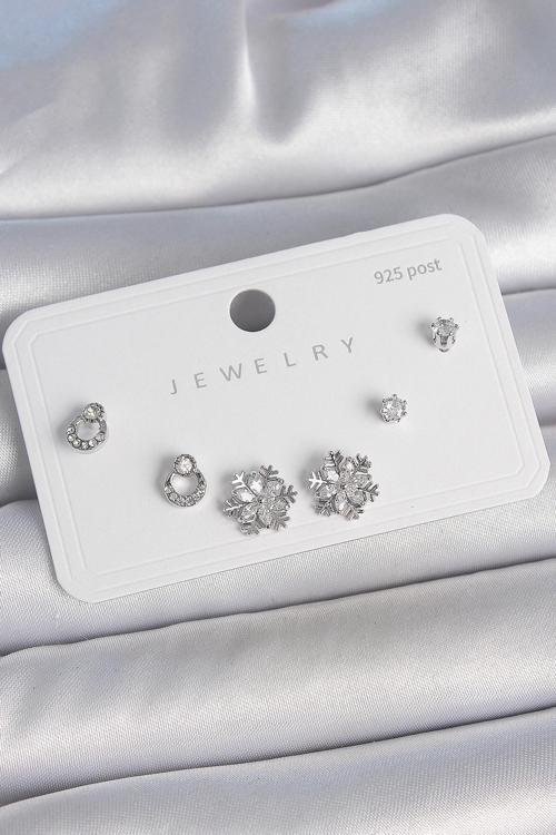 Pirinç Gümüş Renk Zirkon Taşlı Kar Tanesi Model 925 Ayar Gümüş Çivi Kadın Küpe Seti