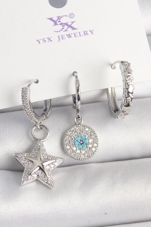 Pirinç Gold Renk Zirkon Taşlı Yıldız Model Nazar Boncuk Detay 3'Lü Kadın Kombin Küpe