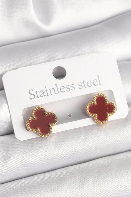 Pirinç Gold Renk Bordo Yonca Model Kadın Küpe