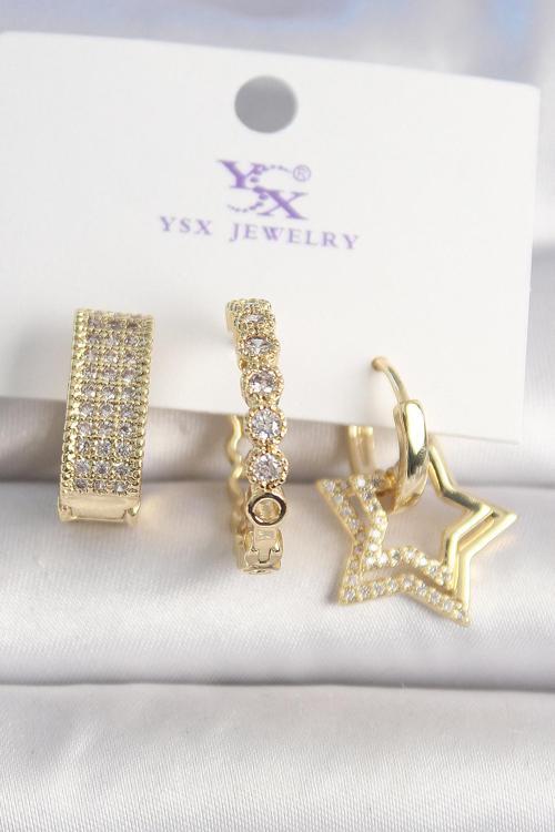 Pirinç Gold Renk Zirkon Taşlı Yıldız Figür Halka Model 3'Lü Kadın Kombin Küpe