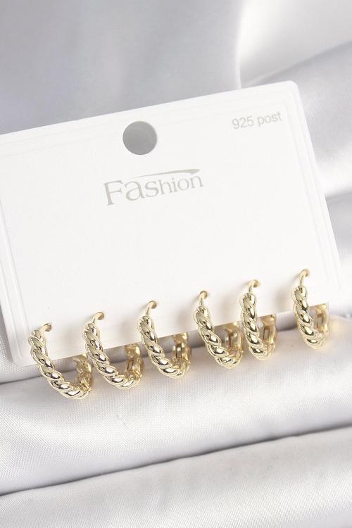 925 Ayar Gümüş Çivi Pirinç Gold Renk Sarmal Halka Model Kadın Küpe Seti
