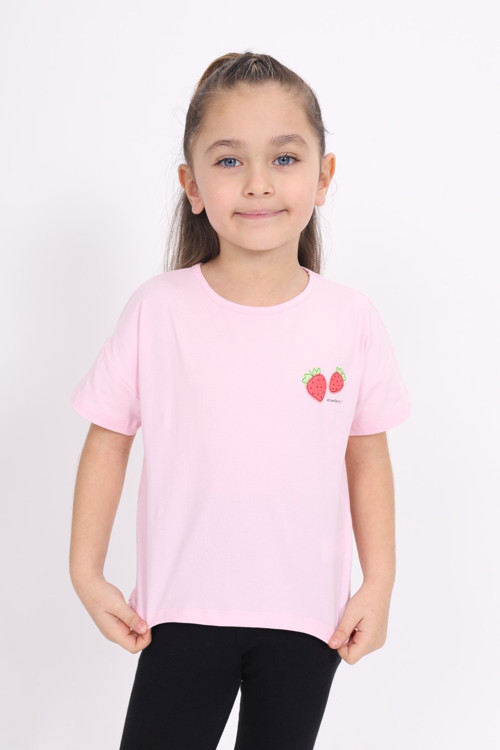 Toontoy Kız Çocuk Yakası Çilek Baskılı Tişört