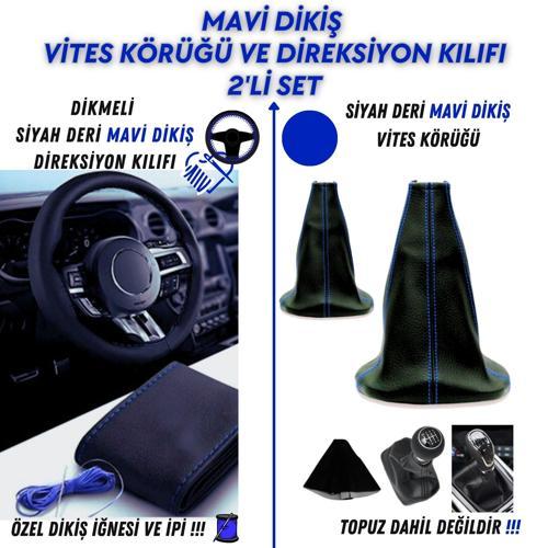 PEUGEOT Partner Combi 2.0 HDi Uyumlu Mavi Dikiş Direksiyon Kılıfı ve Vites Körüğü 2'li Set