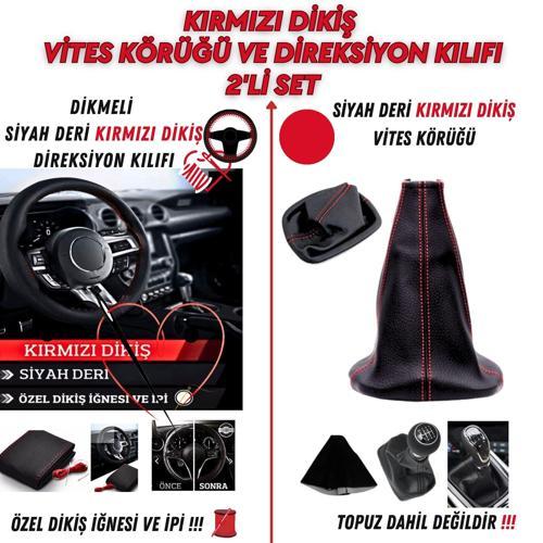 Citroen C15 Uyumlu Siyah Deri Kırmızı Dikiş Direksiyon Kılıfı ve Vites Körüğü 2'li Set