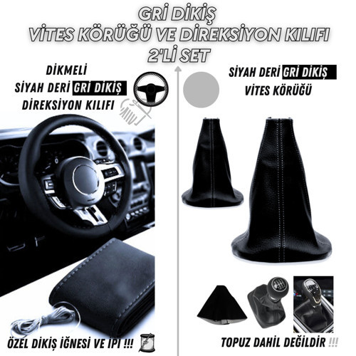 Volvo S60 Uyumlu Siyah Deri Gri Dikiş Direksiyon Kılıfı ve Vites Körüğü 2'li Set
