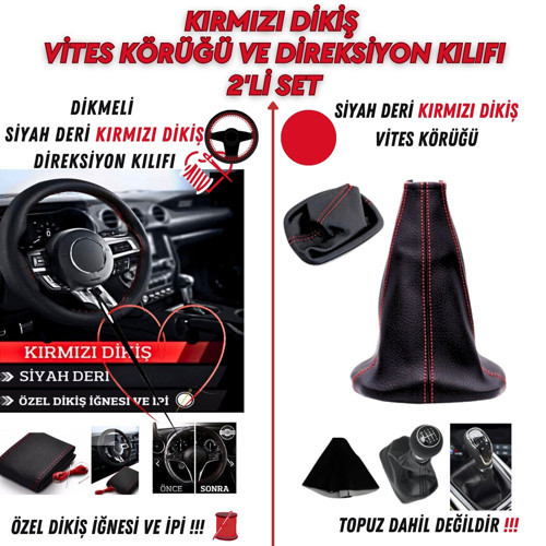 Ford Focus 5 2019 Uyumlu Siyah Deri Kırmızı Dikiş Direksiyon Kılıfı ve Vites Körüğü 2'li Set