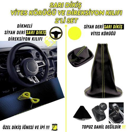 Fiat Bravo 2007 ve Sonrası Uyumlu Siyah Deri Sarı Dikiş Direksiyon Kılıfı ve Vites Körüğü 2'li Set 