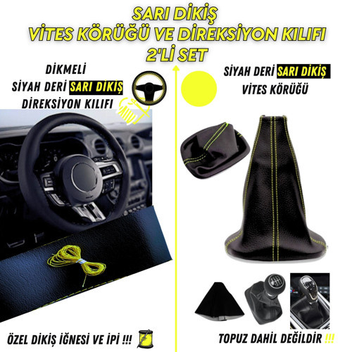 Renault 26 Uyumlu Siyah Deri Sarı Dikiş Direksiyon Kılıfı ve Vites Körüğü 2'li Set