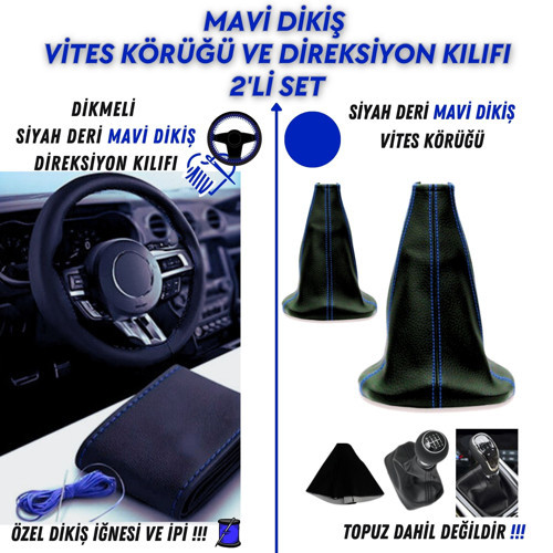 RENAULT Clio - 5 Kapı 1.5L dCI Eco 5MT Uyumlu Mavi Dikiş Direksiyon Kılıfı ve Vites Körüğü 2'li Set