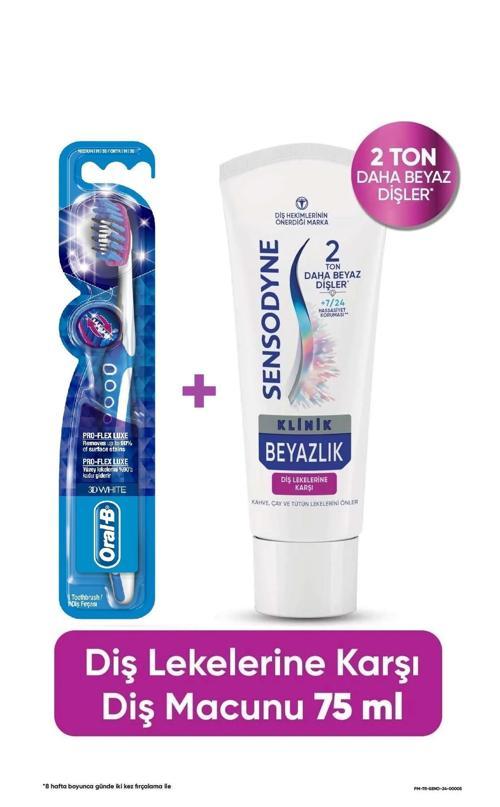 Klinik Beyazlık Diş Lekelerine Karşı Diş Macunu 75 ml + Oral-B Pro Flex 3D White Luxe Medium Diş Fırçası