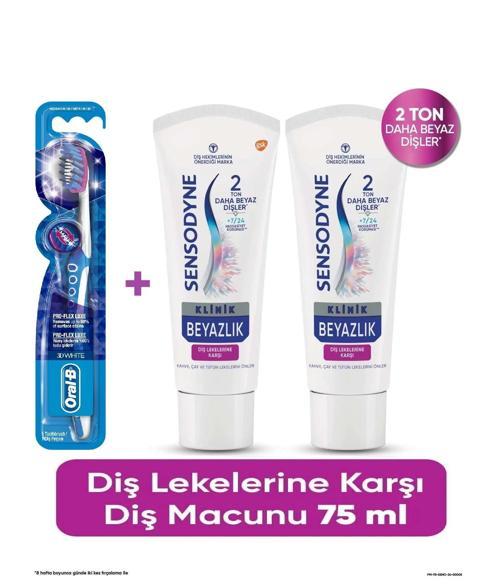 Klinik Beyazlık Diş Lekelerine Karşı Diş Macunu 75 ml x 2 ADET + Oral-B Pro Flex 3D White Luxe Medium Diş Fırçası