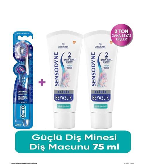 Klinik Beyazlık Güçlü Diş Minesi Diş Macunu 75 ml x 2 ADET + Oral-B Pro Flex 3D White Luxe Medium Diş Fırçası