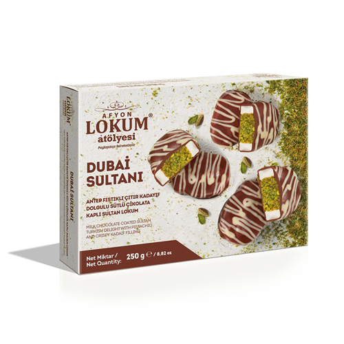 250 g Dubai Sultanı Antep Fıstıklı Çıtır Kadayıf Dolgulu Sütlü Çikolata Kaplı Sultan Lokum