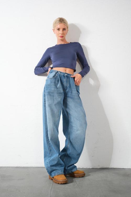 Yüksek Bel, %100 Pamuk ayarlanabilir bel, Loose Fit  Jean Kadın Kot Pantolon
