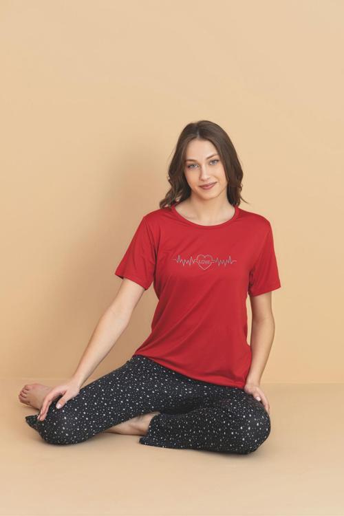 Kadın Bisiklet Yaka MİLAN Kumaş Likralı Kısa Kollu Pijama Takımı 5936 - 1 Adet