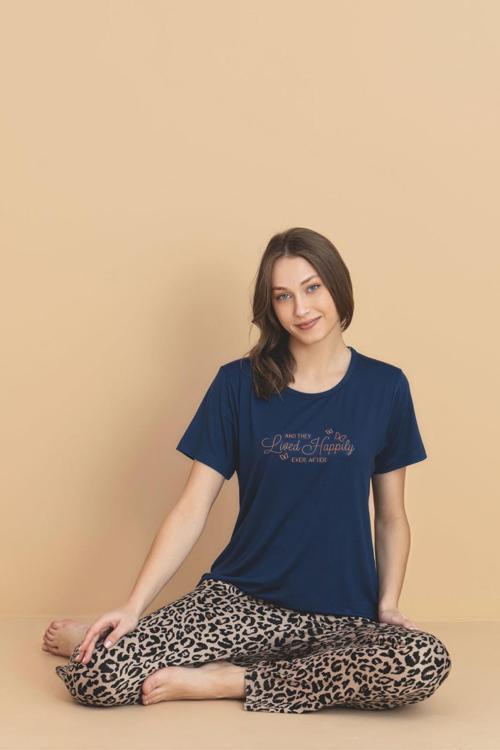 Kadın Bisiklet Yaka MİLAN Kumaş Likralı Kısa Kollu Pijama Takımı 5944 - 1 Adet