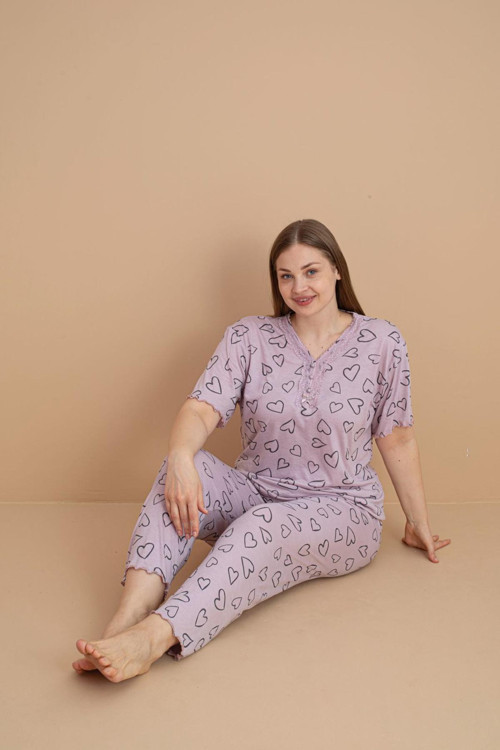 Kadın Büyük Beden Dantel Yaka Bambu Kısa Kol İnce Pijama Takımı 5901 - 1 Adet