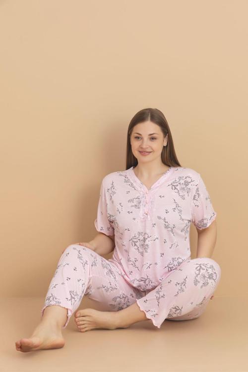 Kadın Büyük Beden Dantel Yaka Bambu Kısa Kol İnce Pijama Takımı 5989 - 1 Adet