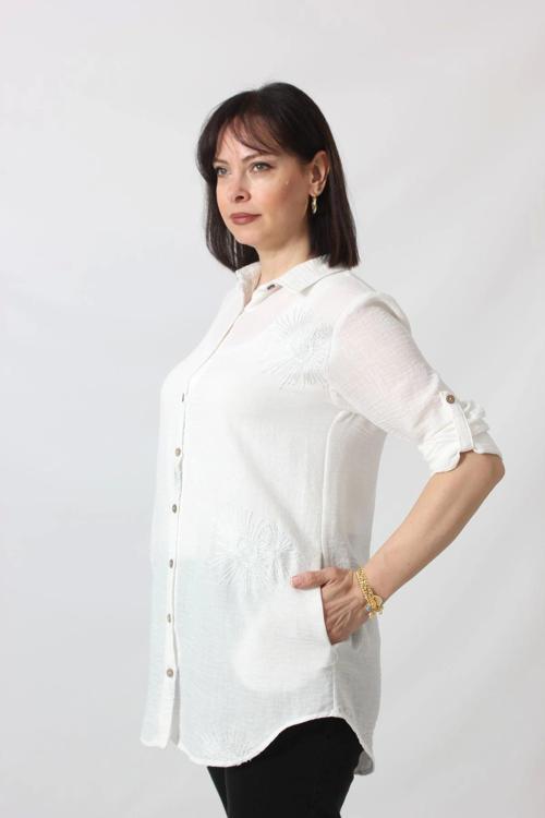 BB-092 BEYAZ GÜMÜŞ YALDIZLI GÜNEŞ DESENLİ KOLU APOLETLİ YANDAN CEPLİ TUNİK GÖMLEK KADIN BÜYÜK BEDEN