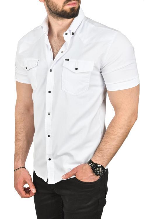 Erkek Beyaz Slim Fit Pamuklu Likralı Kısa Kol Gömlek Kolay Ütülenebilir Çıt Çıtlı Cepli Spor Gömlek 2400253