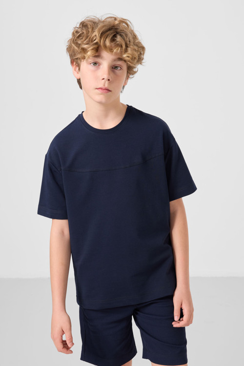 Lacivert Pamuklu Oversize Fit Dokuma Hafif Esnek Chino Erkek Çocuk Şort Takım - 11279