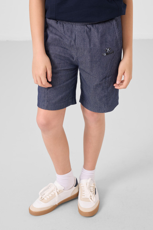 Lacivert-Kot Lacivert Pamuklu Oversize Fit Dokuma Hafif Esnek Chino Erkek Çocuk Şort Takım - 11276