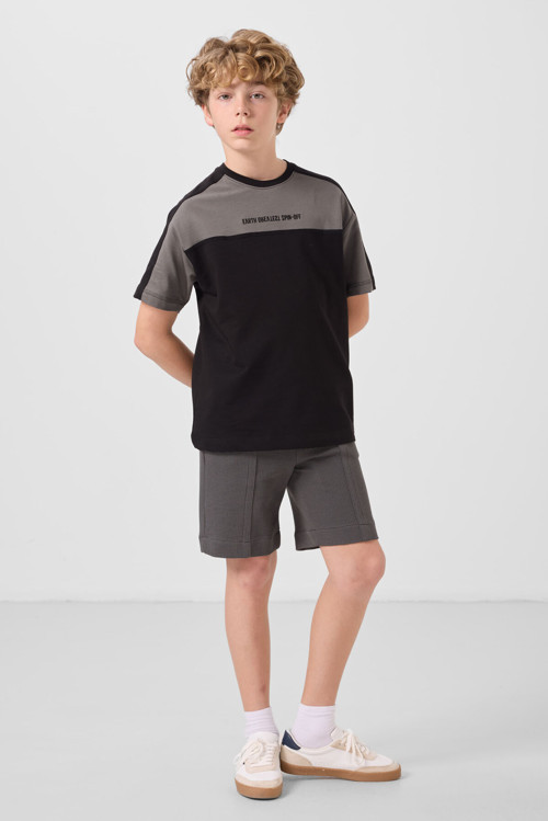Siyah Pamuklu Yumuşak Dokulu Oversize Fit Baskılı Erkek Çocuk T-Shirt - 11290