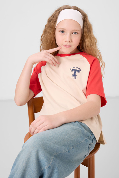 Bej O Yaka Pamuklu Baskılı Oversize Fit Kız Çocuk T-Shirt - 75179