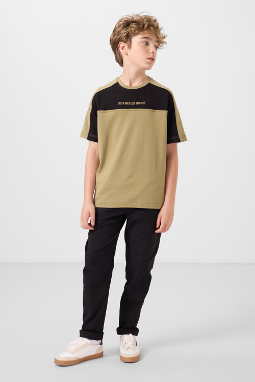 Koyu Bej Pamuklu Yumuşak Dokulu Oversize Fit Baskılı Erkek Çocuk T-Shirt - 11290