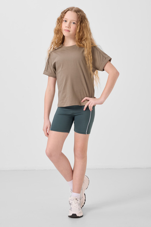 Koyu Bej Pamuklu O Yaka Oversize Fit Basic Kız Çocuk T-Shirt - 75182