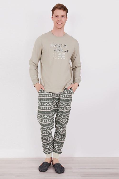 2303 Make A Wish Açık Haki Erkek Uzun Kol Pijama Takım