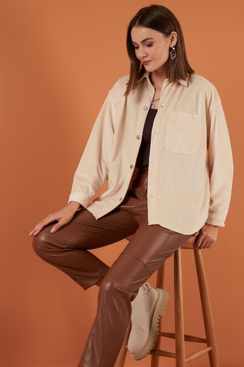 Cepli Oversize Kadife Bayan Gömlek 42190504 KREM