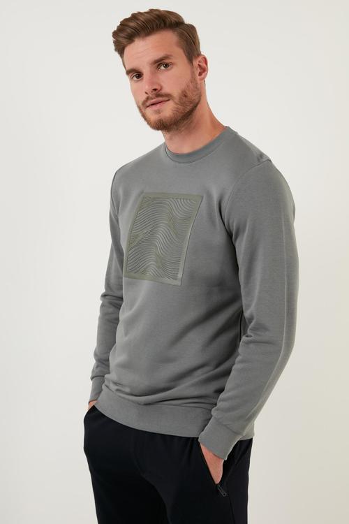 Baskılı Regular Fit Bisiklet Yaka Pamuklu Erkek Sweat 5905304 AÇIK HAKİ