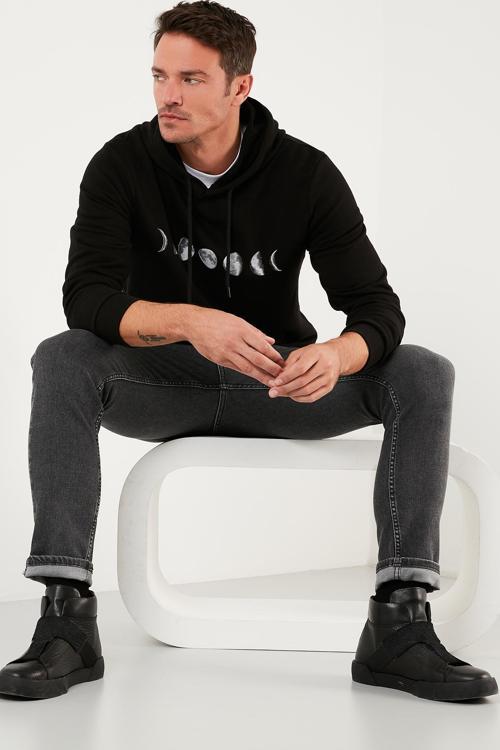 Pamuklu Baskılı Kapüşonlu Slim Fit Erkek Sweat 5905238 SİYAH
