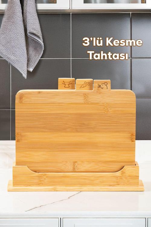 16668 Piero Bambu 3'lü Standlı Kesme Tahtası Kesim Panosu