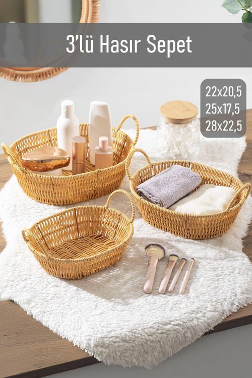 302b 3lü Düzenleyici Oval Hasır Sepet Seti Ekmeklik Sepet