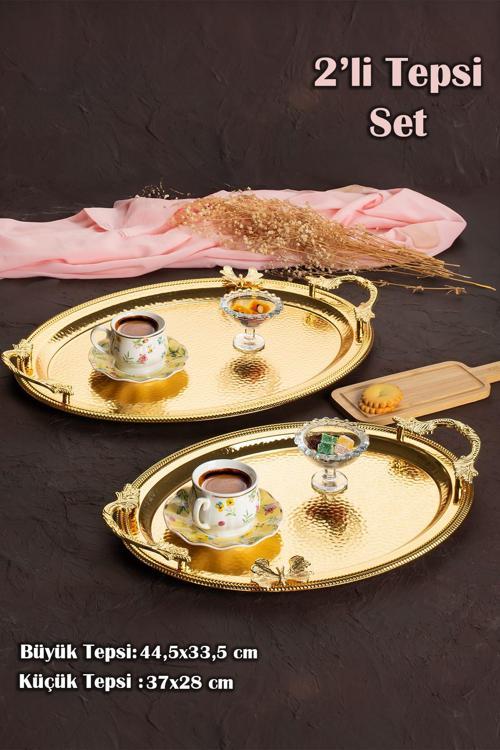 3252 2li Gold Paslanmaz Çelik Kahve Servis Sunum Tepsisi