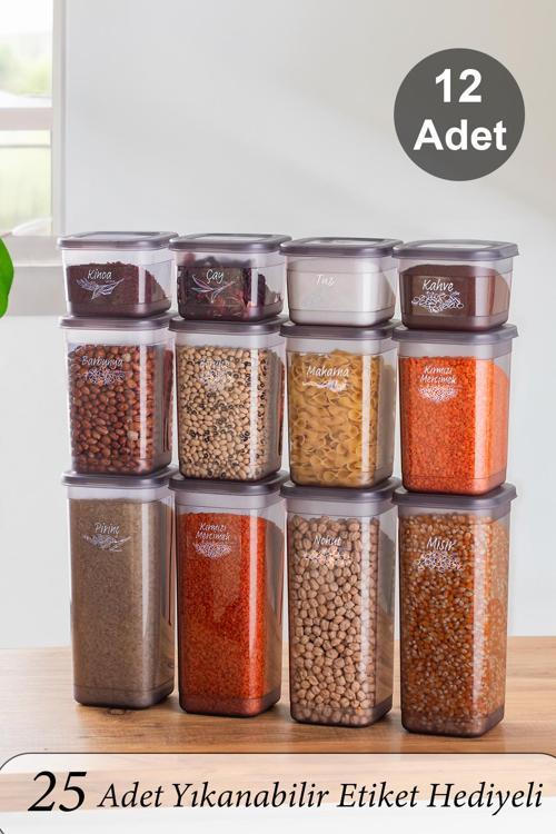 433-GR Etiketli Kare Erzak Baharat Saklama Kabı Seti Gri 12'Li