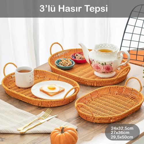 708-a Oval 3'lü Hasır Tepsi Dekoratif Servis Sunum Tepsi