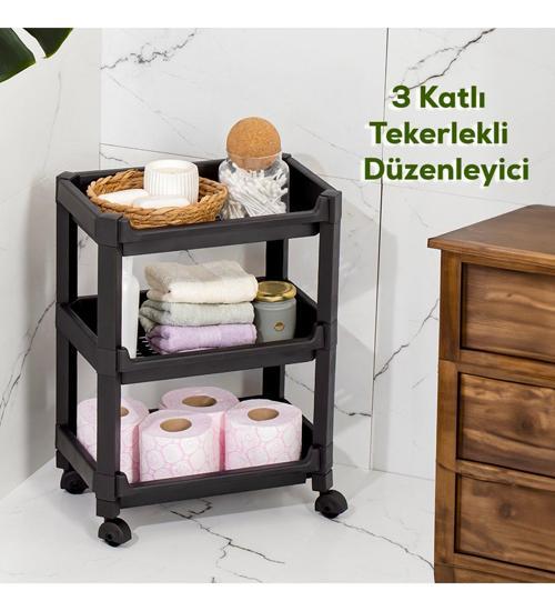 RAFTY-73-ECO-1 Tekerlekli 3 Katlı Düzenleyici - 35,5 x 22 x 48 cm Hareketli Geniş Raf - Siyah