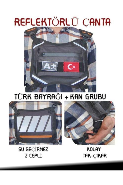 Reflektörlü Gögüs Çantası Kan Grubu A+ Türk Bayrağı Su Geçirmez Gri Turuncu
