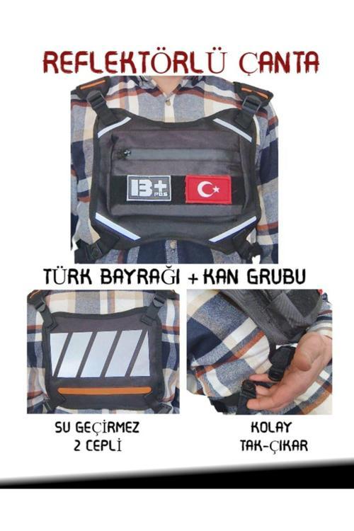 Reflektörlü Gögüs Çantası Kan Grubu B+ Türk Bayrağı Su Geçirmez Gri Turuncu