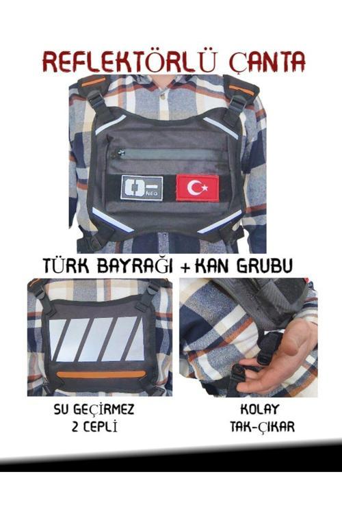 Reflektörlü Gögüs Çantası Kan Grubu O- Türk Bayrağı Su Geçirmez Gri Turuncu