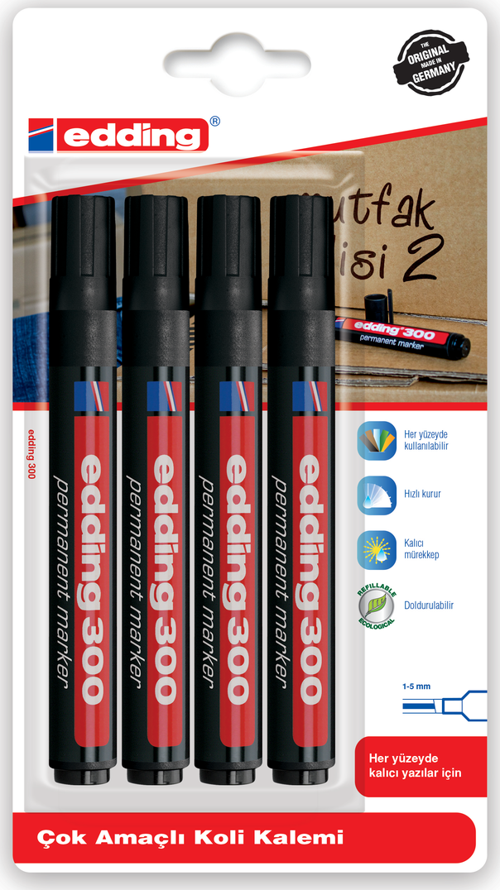300 Permanent Markör Kalem Koli Kalemi (Yeniden Doldurulabilir) 1.5-3Mm Siyah (4 Lü Blister Paket)