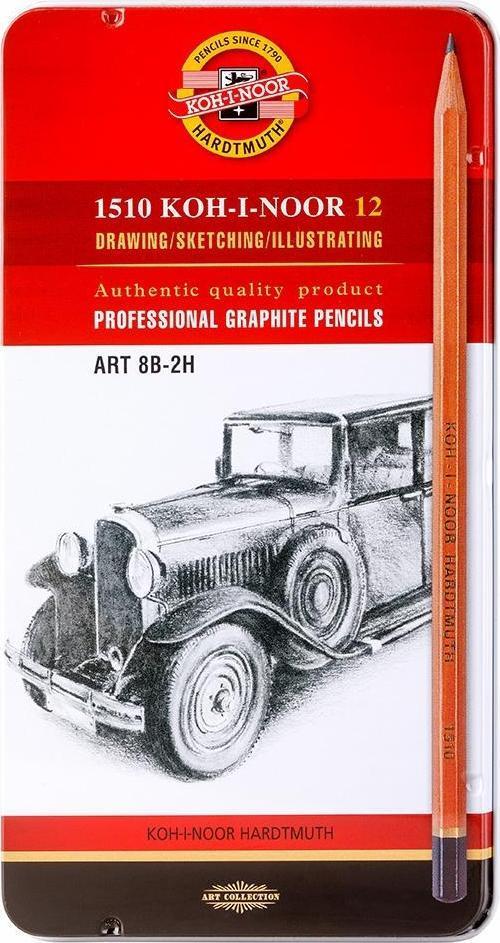 Koh-i Noor Sanatsal Profesyonel Dereceli Kalem Seti Naturel 8B-2H Metal Kutu Of Gaphite Pencils 1512 N